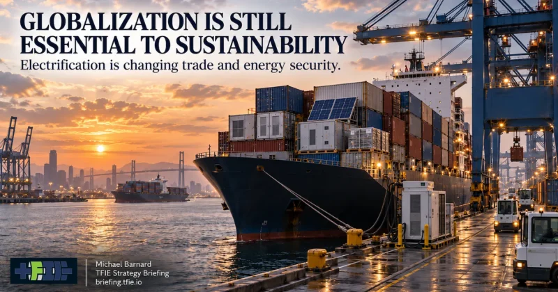 Container ship at a large port carrying clean-energy equipment, including solar and battery-related cargo, with cranes and electrified port infrastructure visible. The image illustrates the shift from recurring fossil-fuel imports toward trade in durable clean-energy technologies.