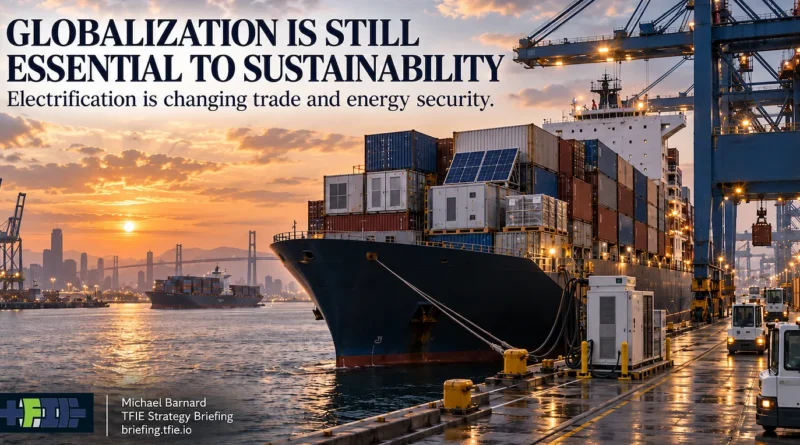 Container ship at a large port carrying clean-energy equipment, including solar and battery-related cargo, with cranes and electrified port infrastructure visible. The image illustrates the shift from recurring fossil-fuel imports toward trade in durable clean-energy technologies.