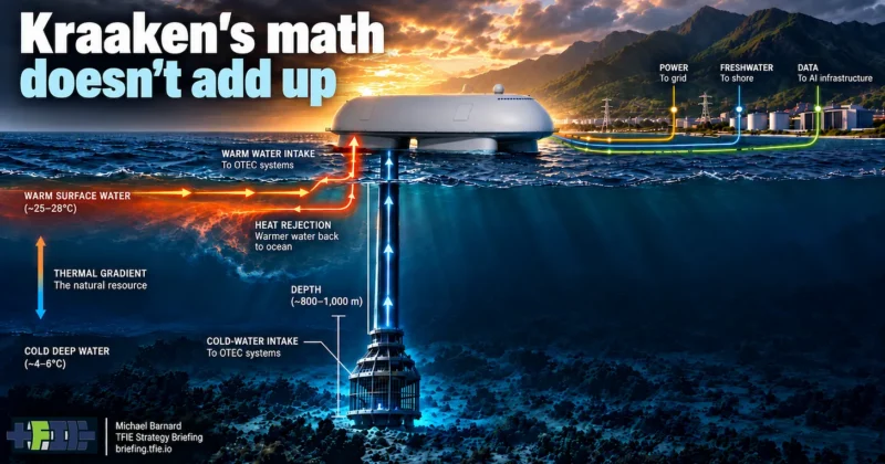 Concept illustration of Optimal Transit’s Kraaken floating platform offshore, showing warm surface-water intake, deep cold-water intake, heat rejection, and power, freshwater and data connections to shore.
