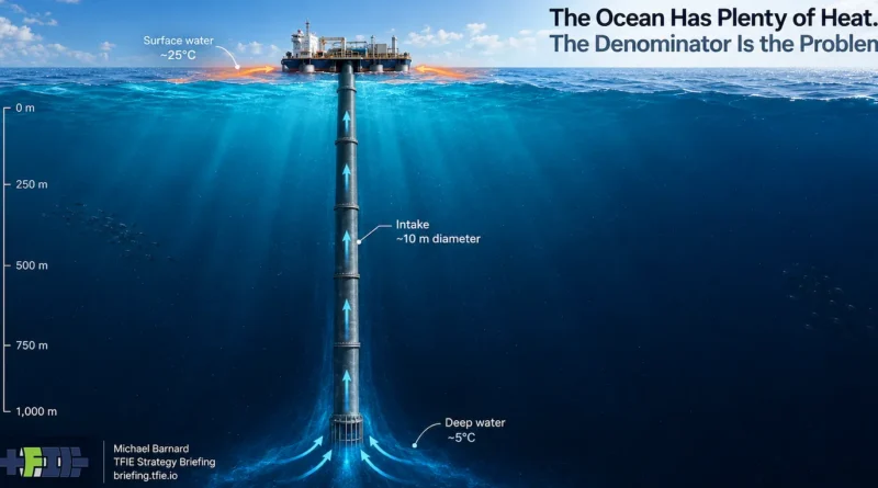 Offshore OTEC platform above a kilometer-deep cold-water intake roughly 10 metres in diameter, illustrating the infrastructure required to exploit the small temperature difference between warm surface water and cold deep water.