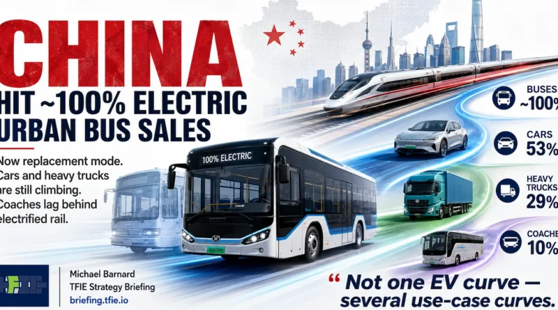 Illustration comparing China’s electric urban buses, passenger cars, heavy trucks and intercity coaches. Urban buses are labelled near 100% of new sales, cars about 53%, heavy trucks about 29% and coaches about 10%, emphasizing that each transport market is at a different stage of electrification.