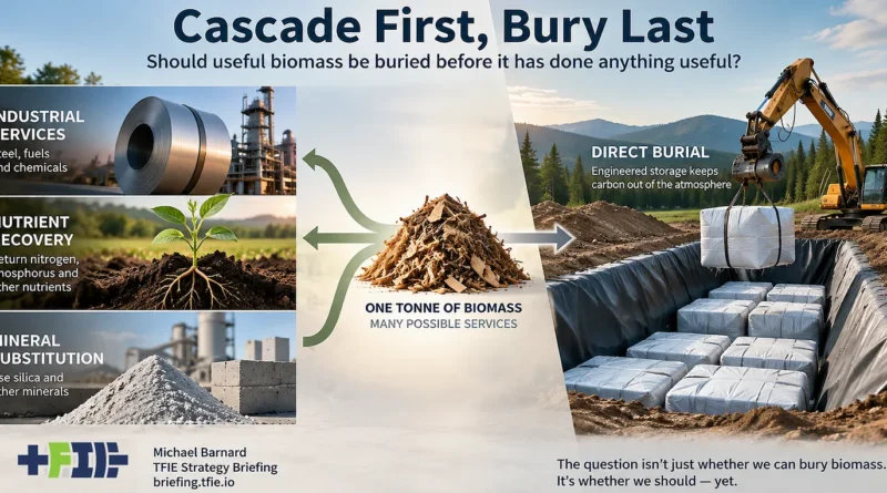 Infographic titled “Cascade First, Bury Last” showing biomass between possible industrial, nutrient-recovery and mineral uses on the left and wrapped biomass blocks being placed in an engineered burial trench on the right.