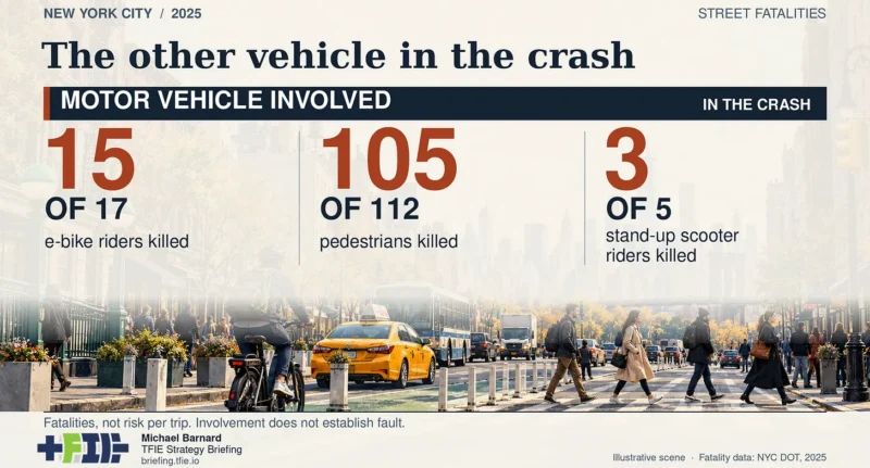 New York City street scene with infographic showing motor vehicles involved in 15 of 17 e-bike rider deaths, 105 of 112 pedestrian deaths, and 3 of 5 stand-up scooter rider deaths in 2025.