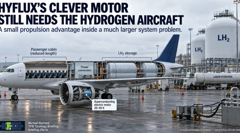 Cutaway passenger aircraft showing a superconducting electric motor, power conversion equipment and liquid-hydrogen tanks, with airport hydrogen infrastructure in the background.