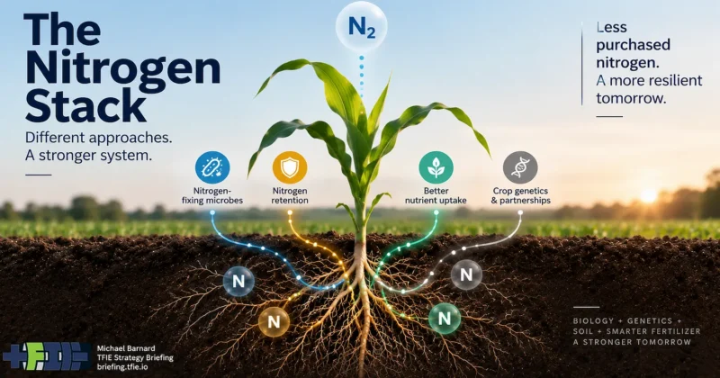 Corn plant and root system surrounded by pathways for nitrogen-fixing microbes, nitrogen retention, improved nutrient uptake and crop genetics, illustrating several approaches acting on the same farming nitrogen system.
