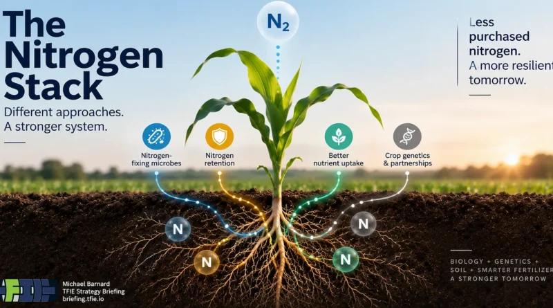 Corn plant and root system surrounded by pathways for nitrogen-fixing microbes, nitrogen retention, improved nutrient uptake and crop genetics, illustrating several approaches acting on the same farming nitrogen system.