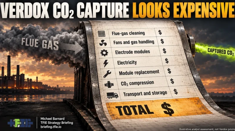 Industrial aluminum smelter beside a receipt-style graphic listing flue-gas cleaning, fans and gas handling, electrode modules, electricity, module replacement, CO₂ compression, transport and storage as elements of the complete carbon-capture system.