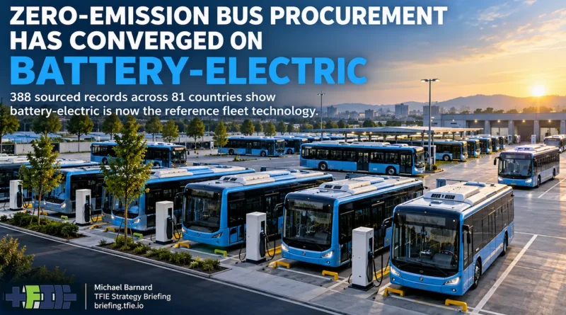 Large depot filled with blue battery-electric city buses parked at charging stations at sunrise. Text reads “Zero-emission bus procurement has converged on battery-electric” and notes 388 sourced procurement records across 81 countries.