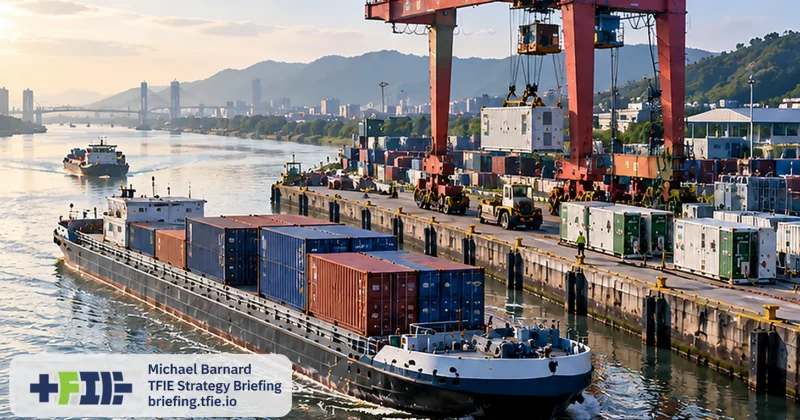 Battery-electric inland cargo vessel passing a container terminal with cranes and containerized battery equipment, illustrating the integration of vessels, ports, batteries and electricity infrastructure.