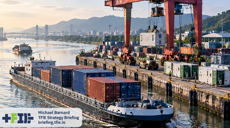 Battery-electric inland cargo vessel passing a container terminal with cranes and containerized battery equipment, illustrating the integration of vessels, ports, batteries and electricity infrastructure.