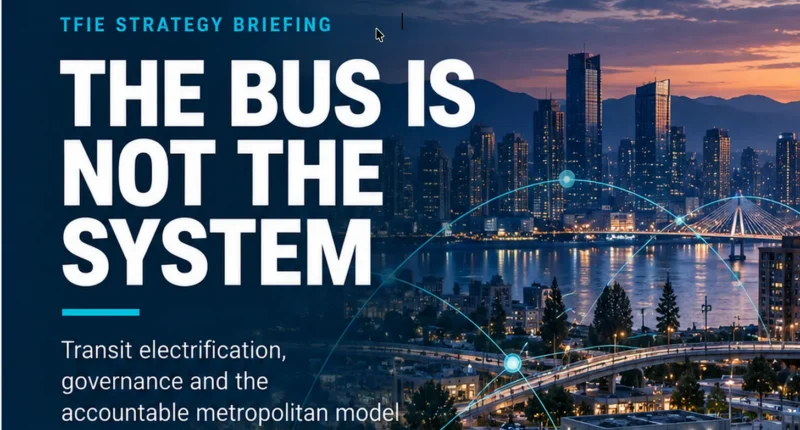 Metropolitan bus network at twilight with buses, platforms and passengers beneath a city skyline, overlaid with connected network lines. Text identifies the report as “The Bus Is Not the System — Metropolitan Transit Governance.”