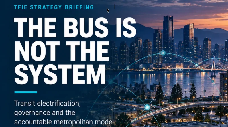 Metropolitan bus network at twilight with buses, platforms and passengers beneath a city skyline, overlaid with connected network lines. Text identifies the report as “The Bus Is Not the System — Metropolitan Transit Governance.”