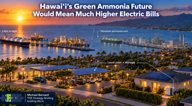 Oʻahu coastal scene showing an LNG terminal, a possible future ammonia import facility, and homes with rooftop solar and batteries.